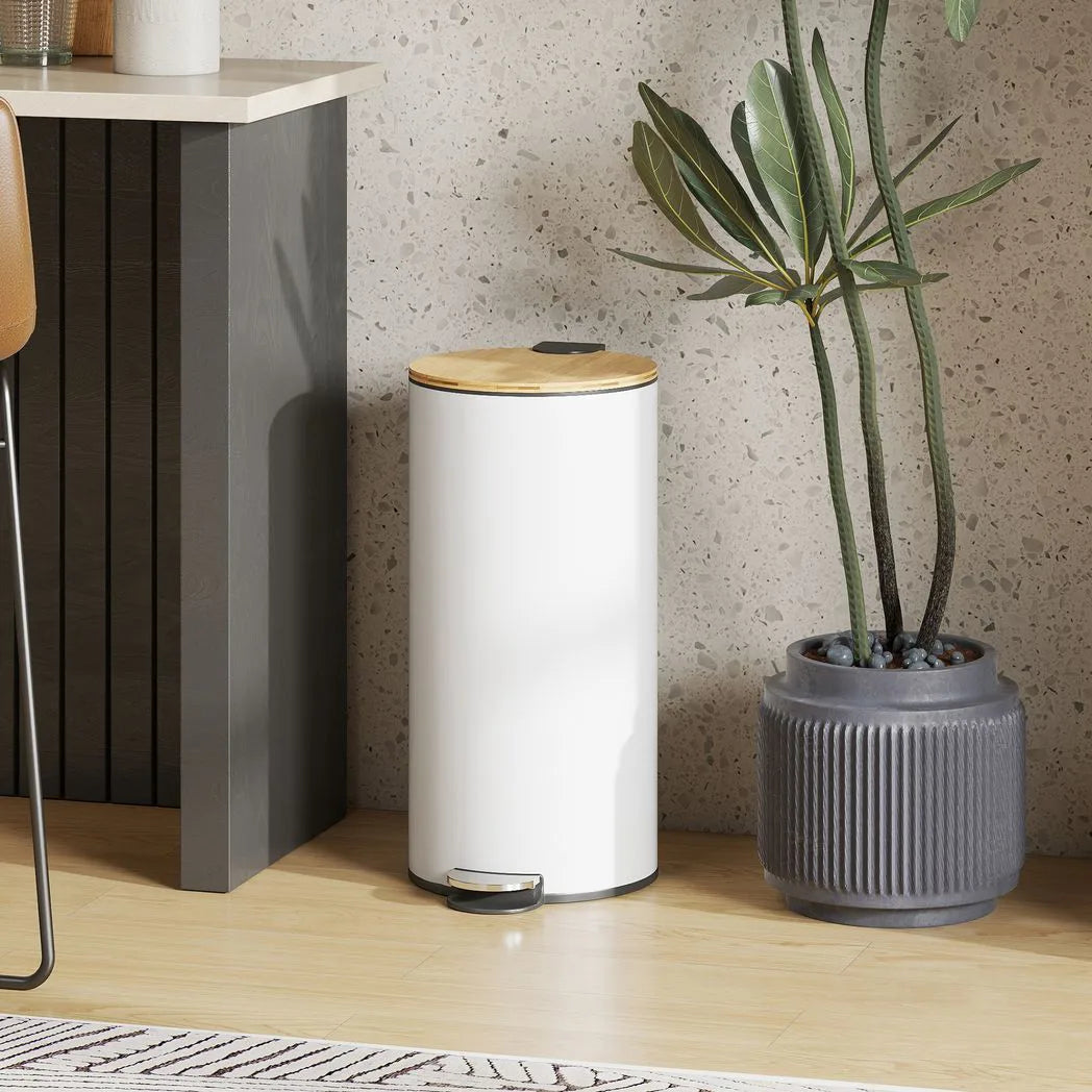 HOMCOM Kitchen Bin, 30 Litre Pedal Rubbish Bin with Removable Bucket, White and Natural