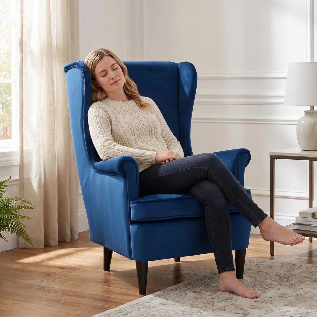 HOMCOM Modern Accent Chair with High Backrest and Pillow, Velvet-Feel Fabric Reading Chair with Solid Wood Legs, Blue