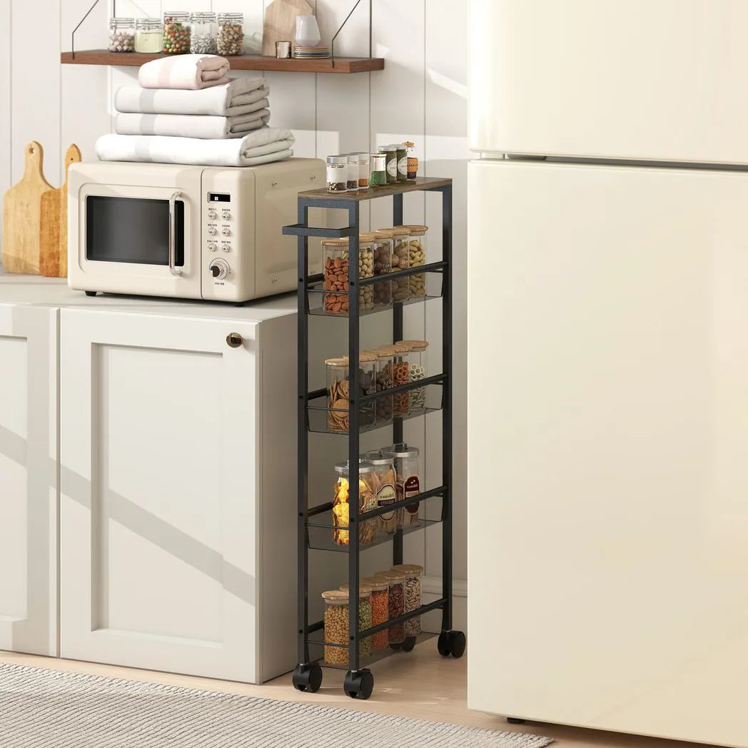 HOMCOM Slim Storage Trolley, 5-Tier Kitchen Cart on Wheels with Wood-effect Top, Handle for Living Room, Bathroom, Black