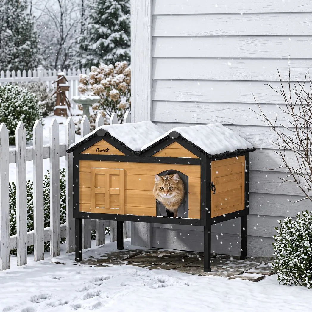 PawHut Wooden Cat House Outdoor Indoor with Weatherproof Asphalt Roof, Side Cleaning Door, PVC Curtain