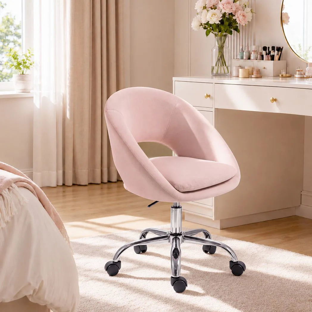HOMCOM Velvet Desk Chair, Modern Office Chair with Height-Adjustable, Wheels, for Home Study Bedroom, Pink