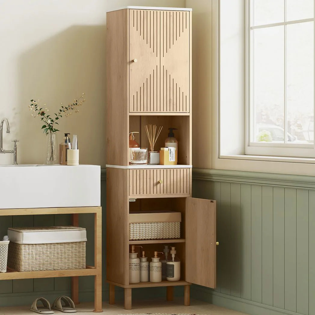 HOMCOM Slim Bathroom Cabinet with Silent Drawer Rail for Scandinavian, Japanese Styles - Wood-Effect