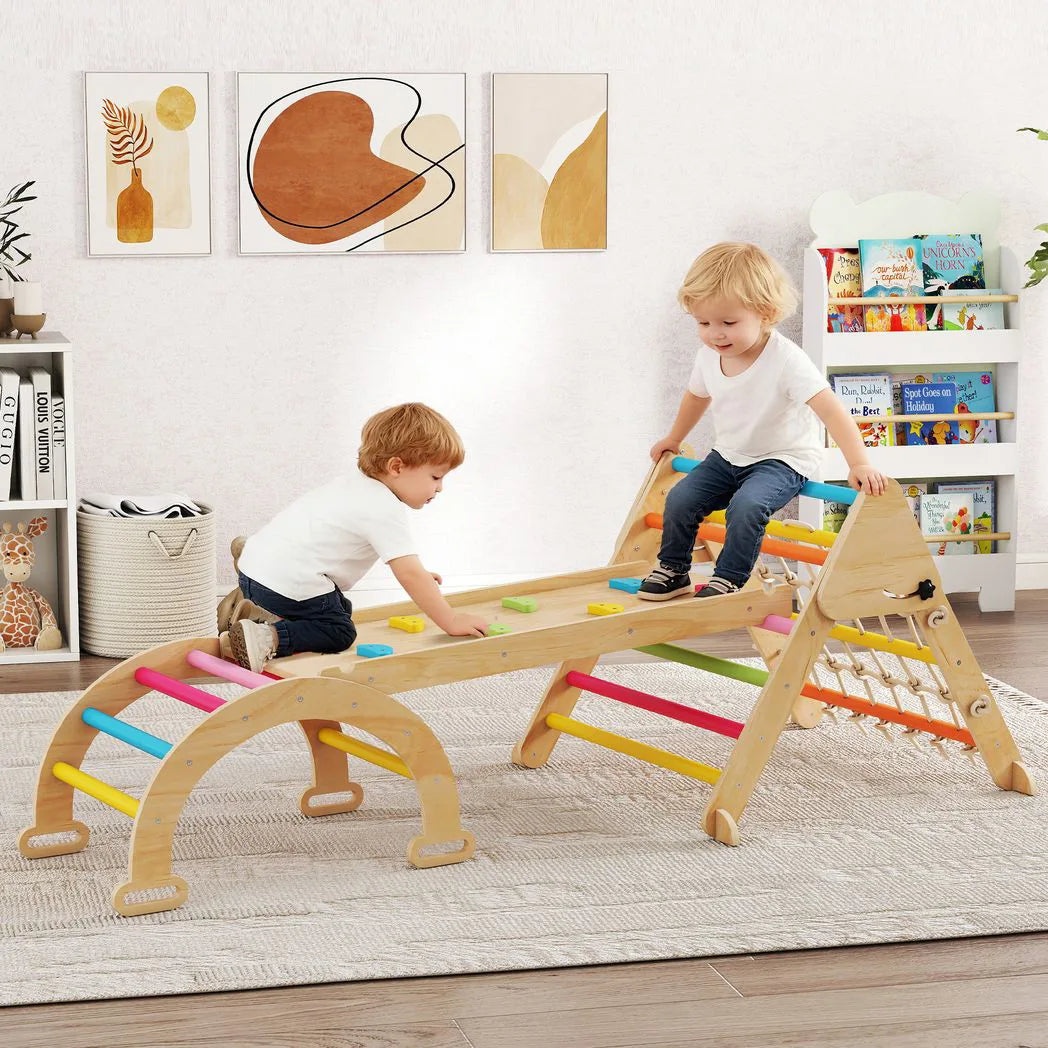 AIYAPLAY 8-in-1 Toddler Climbing Frame, Indoor Play Triangle Set with Slide, Arch and Triangle Ladder, Multicolour