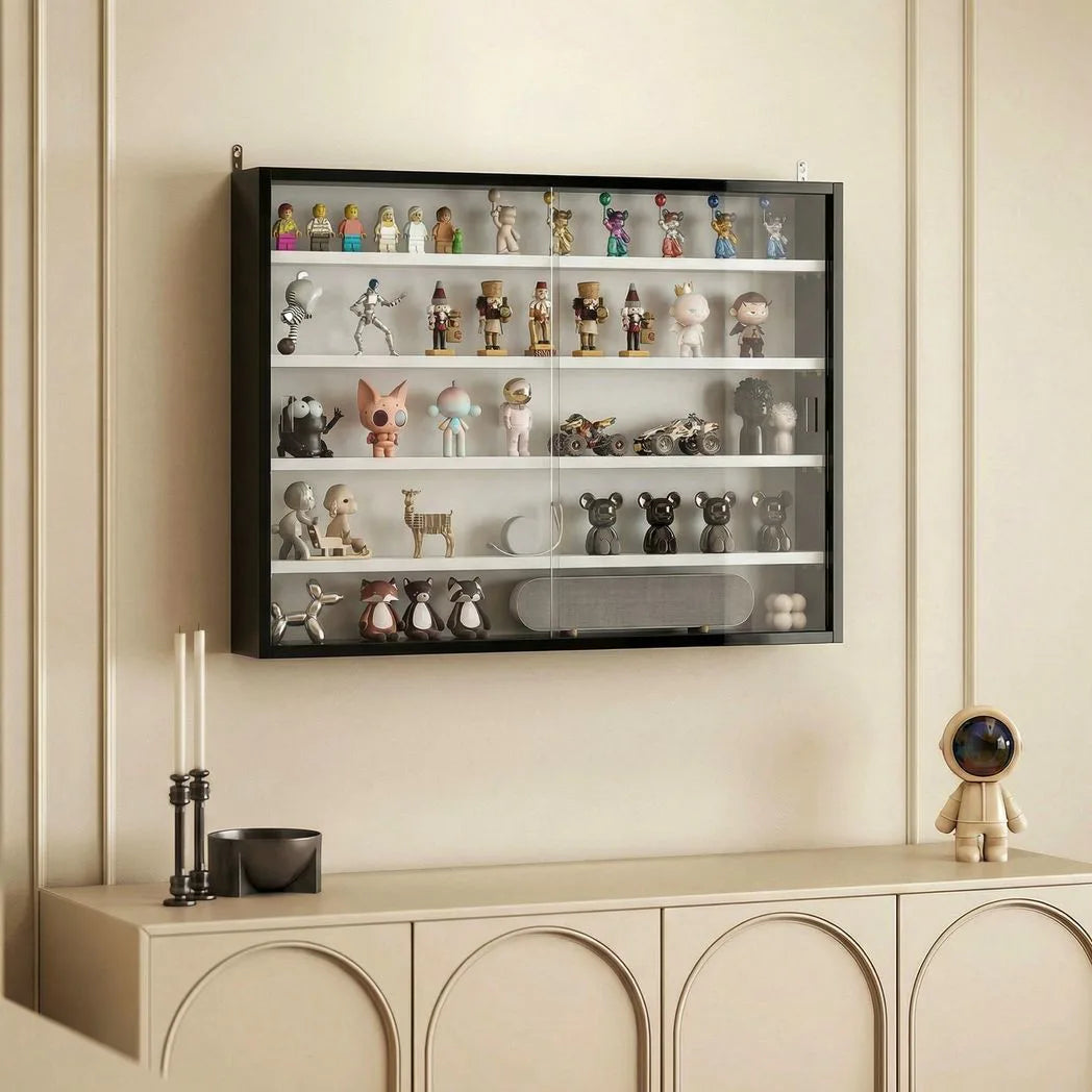 HOMCOM 5-Tier Wall Display Cabinet,  Wall Mounted Display Case w/ 4 Adjustable Shelves, Glass Doors, 60x80cm, Black and White