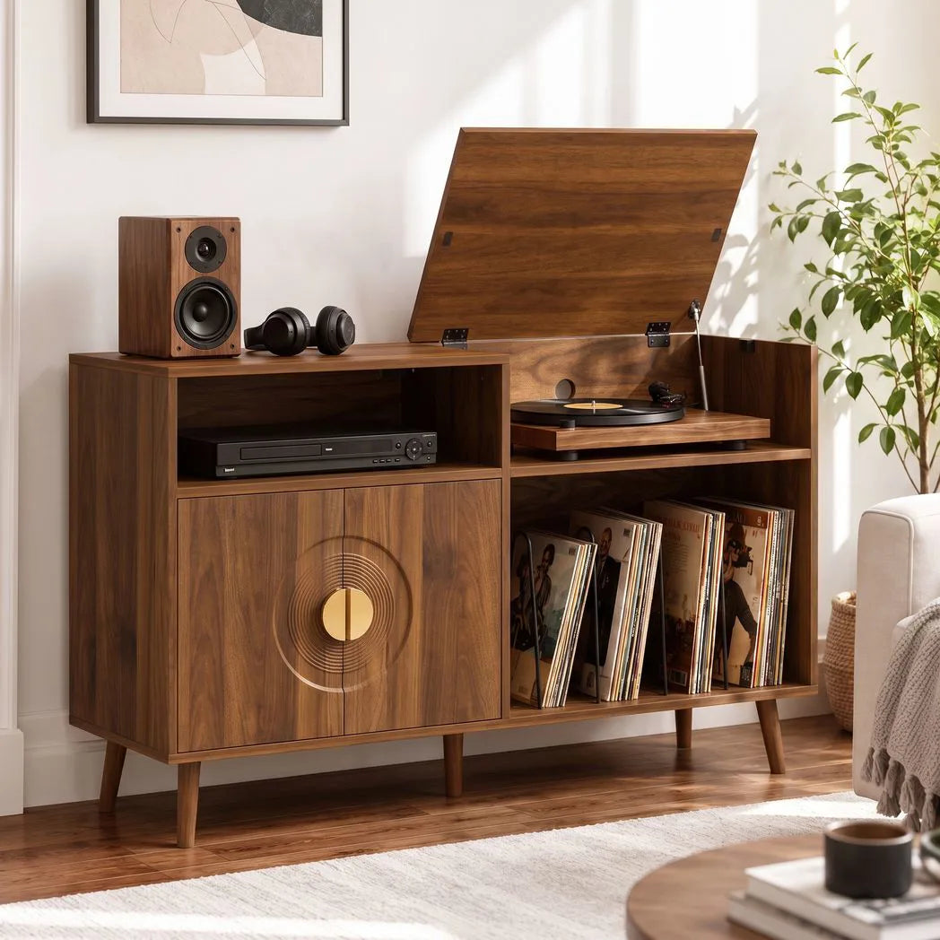 HOMCOM Record Player Stand, Vinyl Record Holder with Storage Holds Up to 300 Albums with Flip-Top Compartment, Walnut