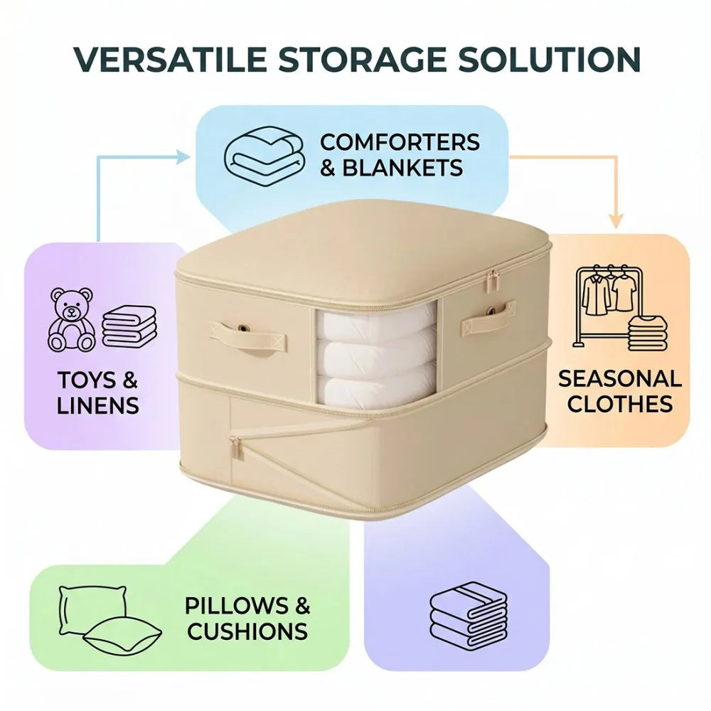NEW 4x Clothes Storage Bags With Zips Bedroom Large Collapsible Storage Box Bedding UK-Beige