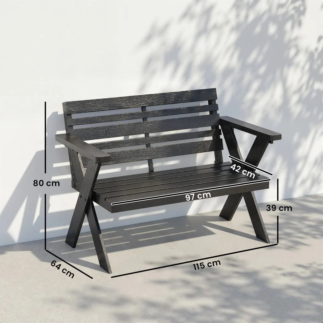 Outsunny 2 Seater Wooden Garden Bench, Slatted Patio Bench with Armrest and Backrest, Black