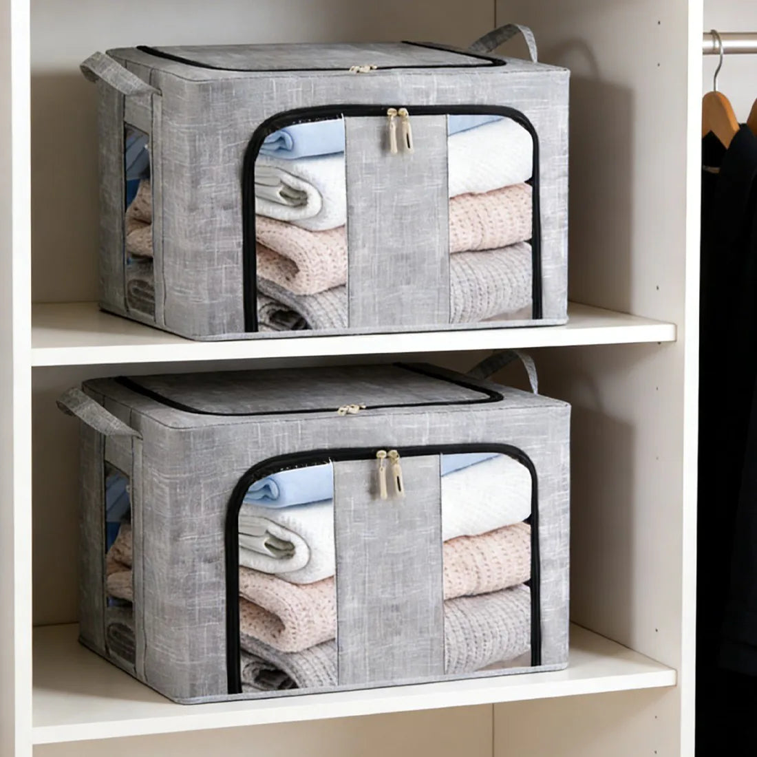 2Pcs 66L Folding Storage Box Made of Thick Fabric Steel Frame Wardrobe Organizer