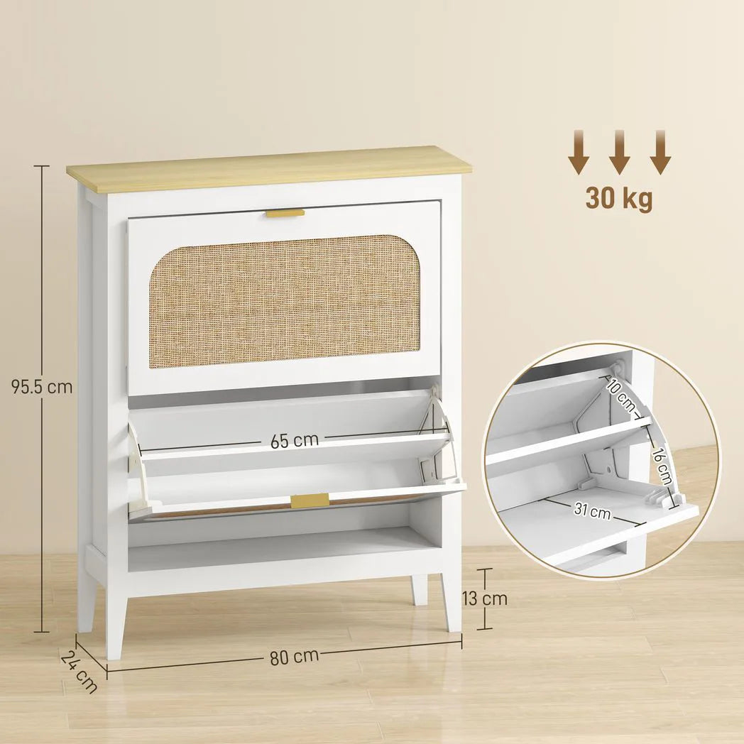 HOMCOM Narrow Shoe Cabinet, Boho Slim Shoe Storage Cabinet with 2 Flip Drawers, Holds 14 Pairs, White