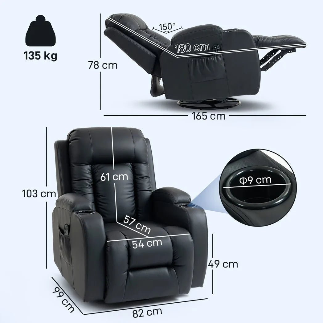 HOMCOM PU Leather Recliner Chair, Recliner Armchair with Extended Footrest, Cup Holders and Side Pockets, Black