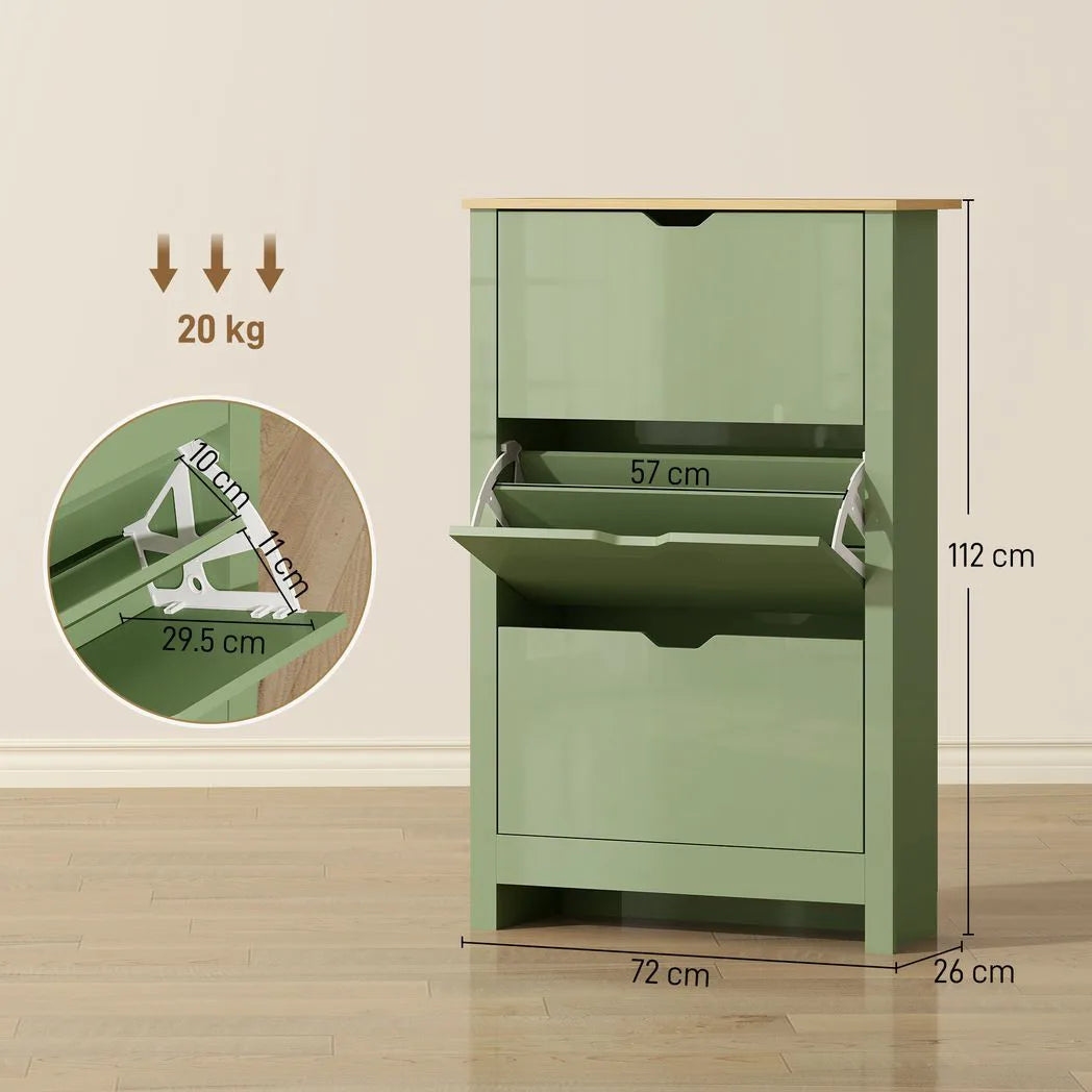 HOMCOM Slim Shoe Cabinet, Narrow Shoe Cupboard with 3 Flip Drawers, Adjustable Shelves for 18 Pairs of Shoes, High Gloss Green