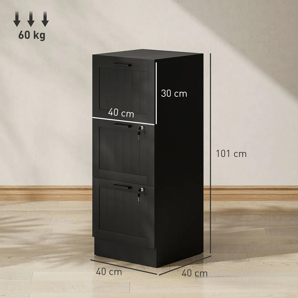 HOMCOM 3 Drawer Filing Cabinet with Lock, Office Storage Cabinet with Adjustable Hanging Bars for A4 Letter Size Files, Black