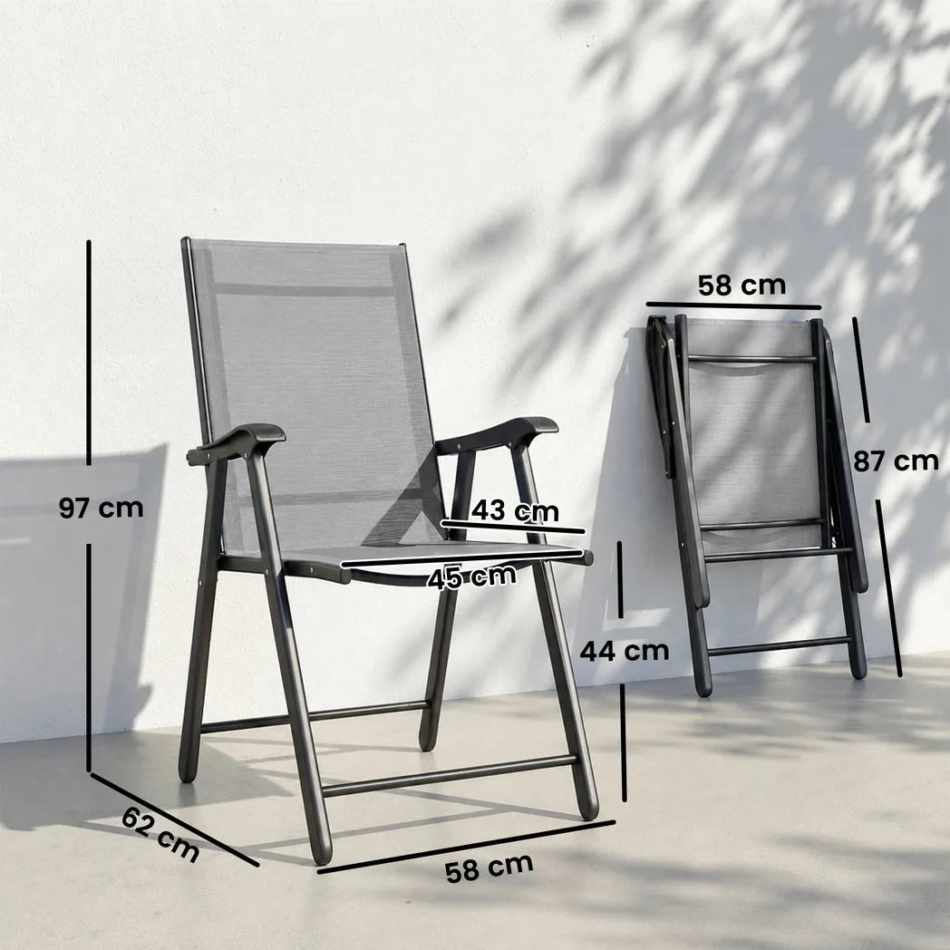 Outsunny Folding Garden Chairs Set of 2, Foldable Garden Dining Chairs with High Back, Armrests, Texteline Seat, Light Grey