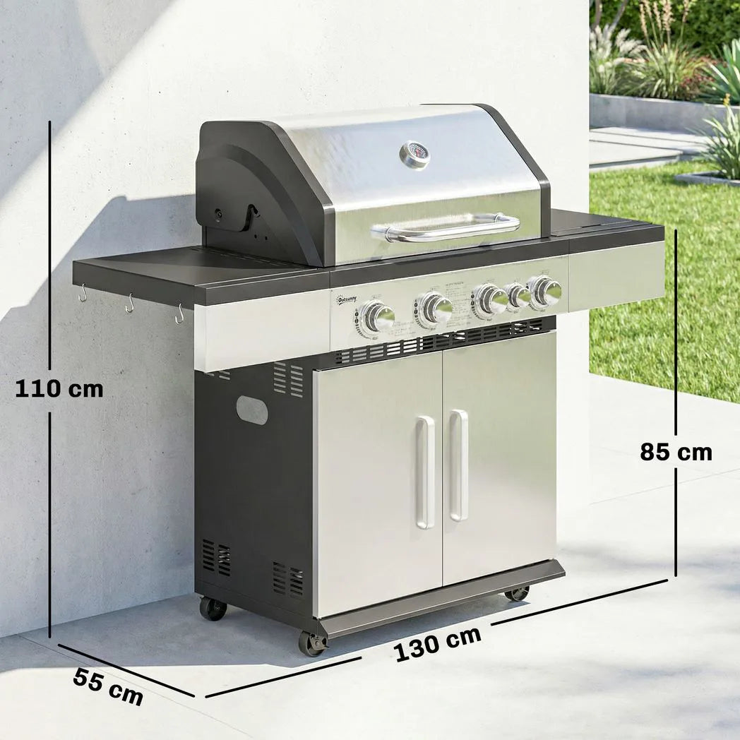 Outsunny 4 Burner Gas BBQ Grill, Portable Gas Barbecue Grill with Side Burner, Warming Rack, Side Shelf, Storage Cabinet