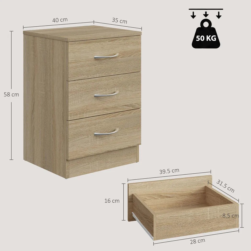 HOMCOM Three-Drawer Simple Bedside Table - Oak