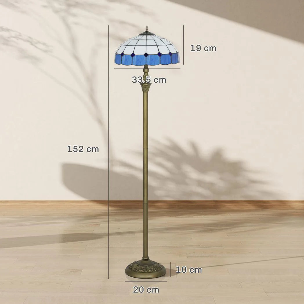 HOMCOM Tiffany-Style Floor Lamp with Handcrafted Stained Glass Shade, 152cm Tall Vintage Standing Lamp with Foot Switch and Dual Sockets for Living Room Bedroom, Bronze Tone and Blue