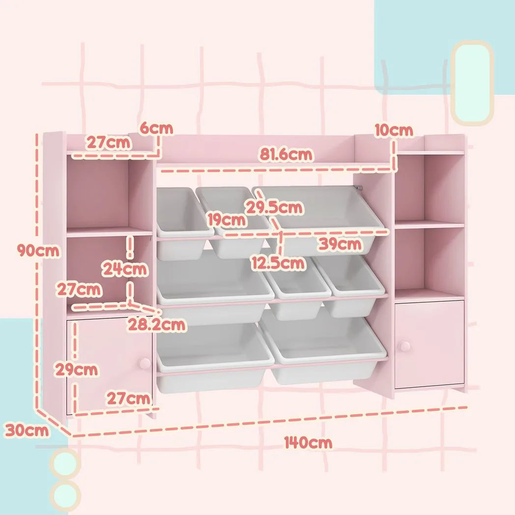 AIYAPLAY Kids Toy Organizers and Storage with 8 Removable Storage Bins and Bookshelf, Pink