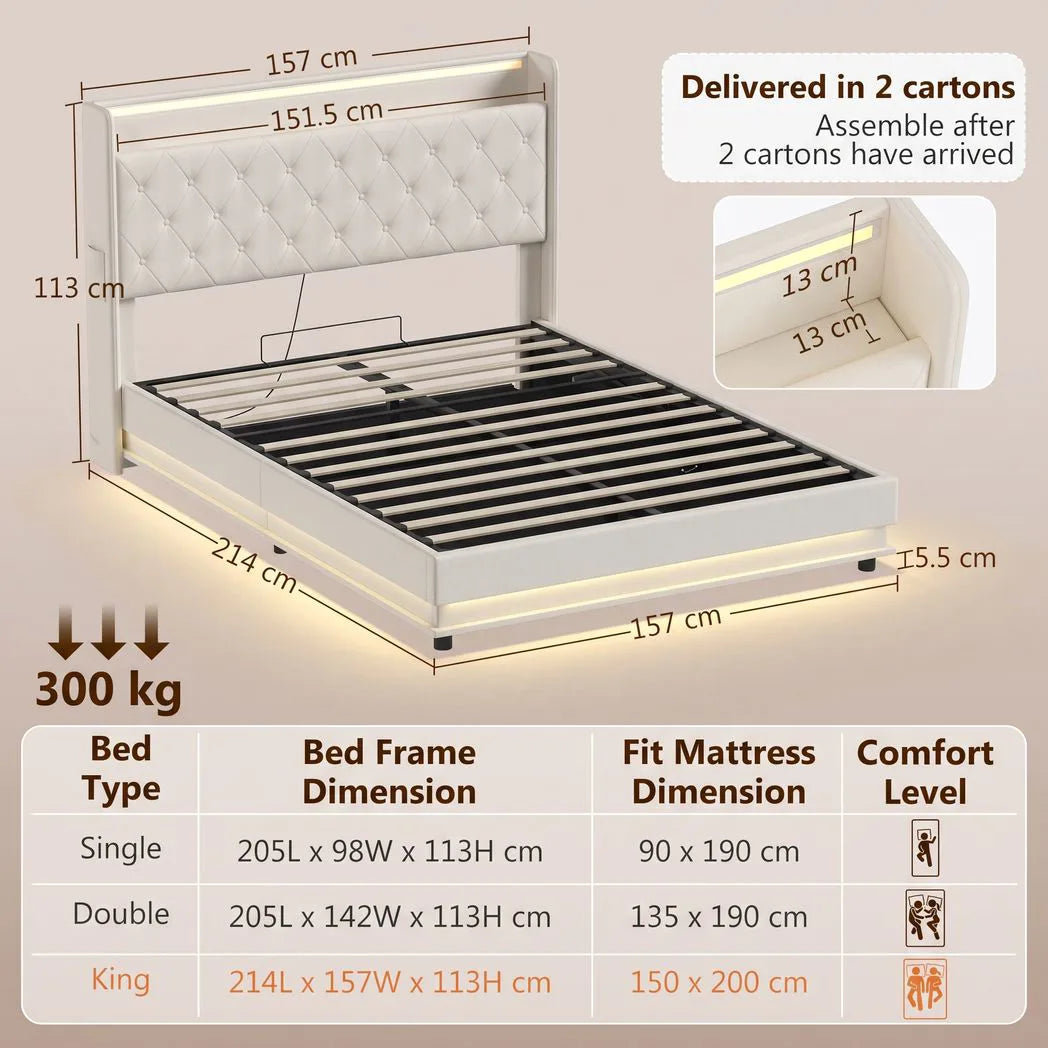 HOMCOM 5ft King Bed Frame with Headboard, Platform Bed Frame with Hydraulic Storage, LED Lights and Charging Station, White