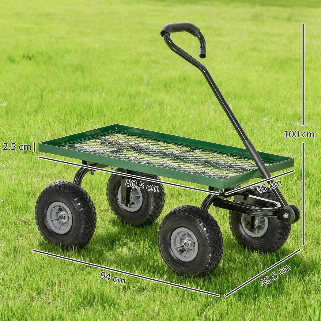 Outsunny Garden Trolley Cart, Heavy Duty Garden Cart with Metal Frame, 10" Pneumatic Wheels, Rotating Handle, 150kg Capacity, for Garden, Farm, Green