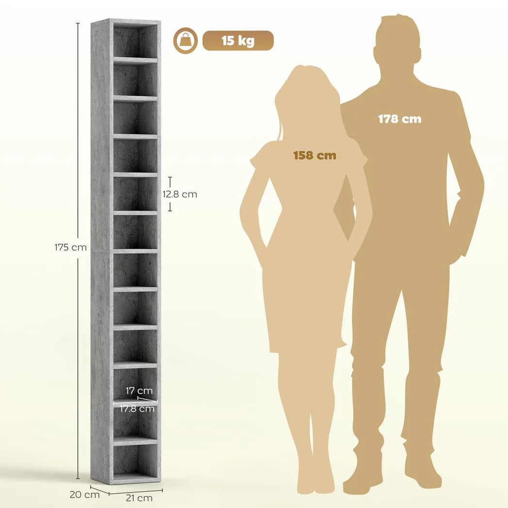 HOMCOM 204 CD Tall Narrow Media Storage Tower - Cement Grey