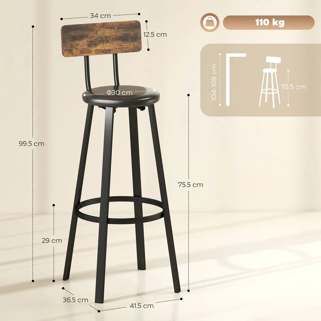 HOMCOM Set of Two Industrial-Style Bar Stools - Brown/Black