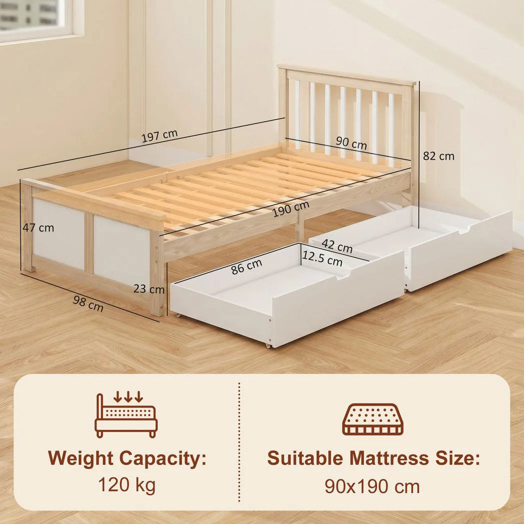 HOMCOM Pine Storage Bed, 3ft Single Solid Wooden Bed Frame with Drawers, Headboard, Wood Slat Support, Natural Wood Finish