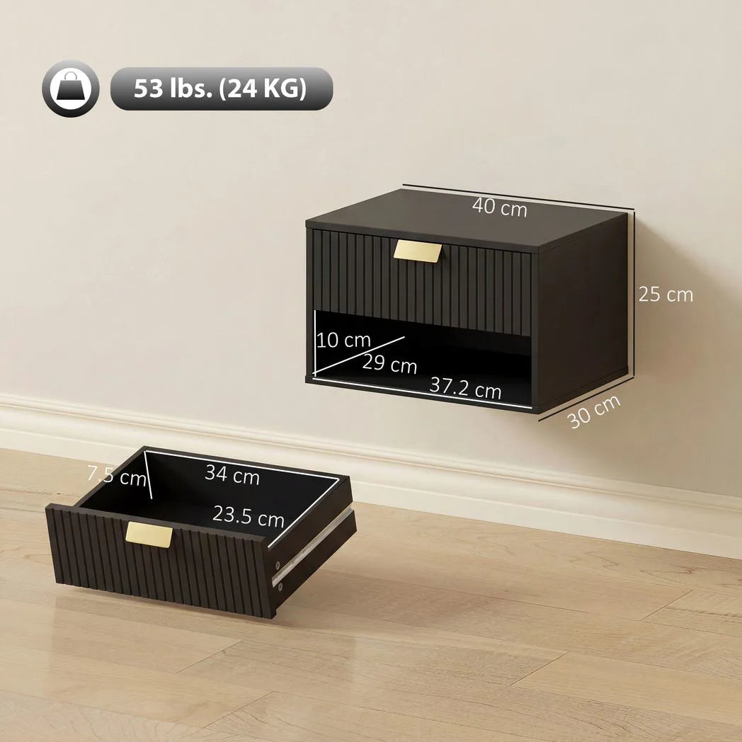 HOMCOM Set of 2 Wall Mounted Nightstands, Floating Bedside Tables with Fluted Drawer and Open Shelf for Small Bedroom, Black