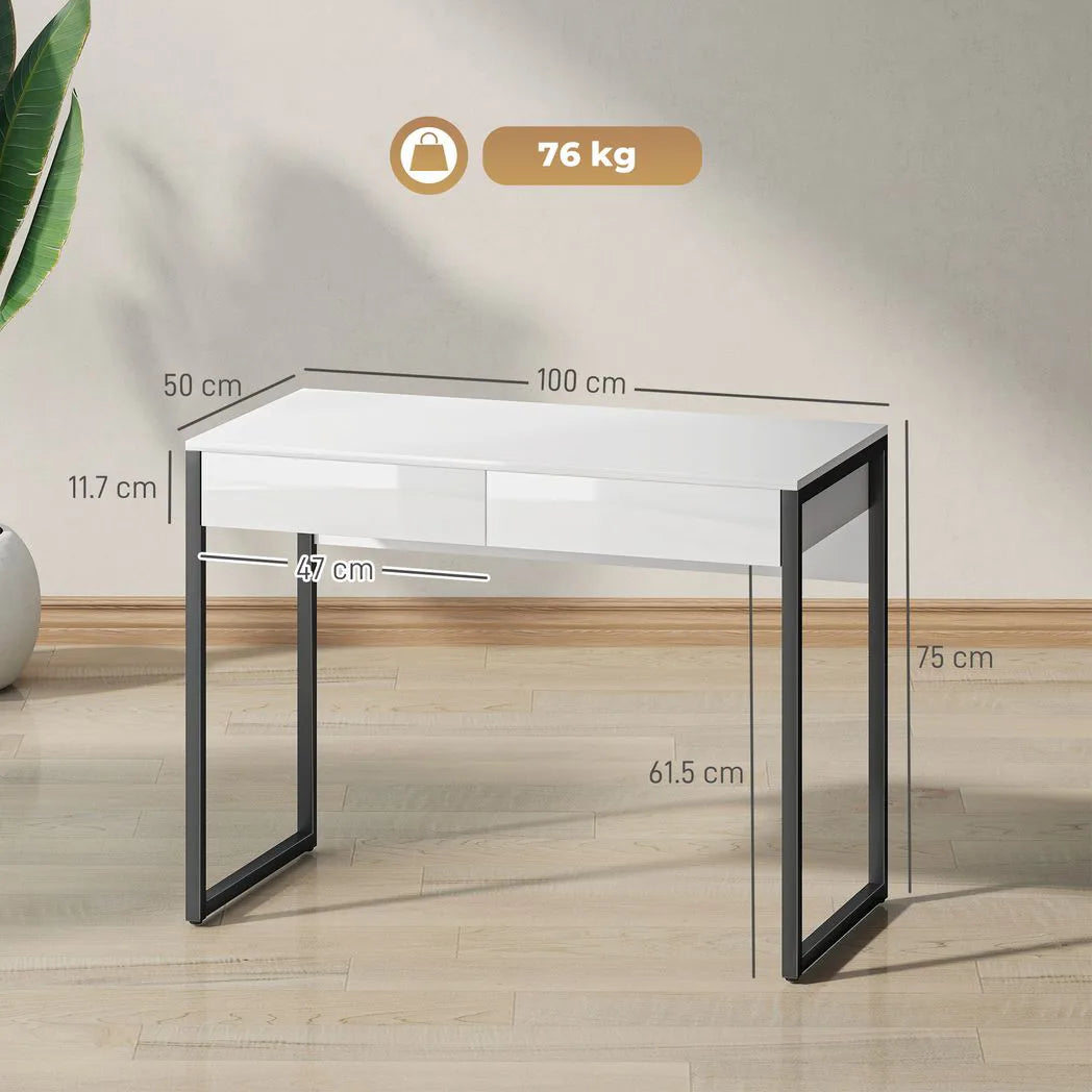 HOMCOM High Gloss Work Table, with Drawers - White