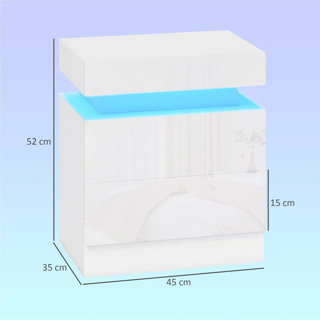 HOMCOM White Bedside Table with LED Light, High Gloss Front Nightstand with 2 Drawers, for Living Room, Bedroom, Set of 2