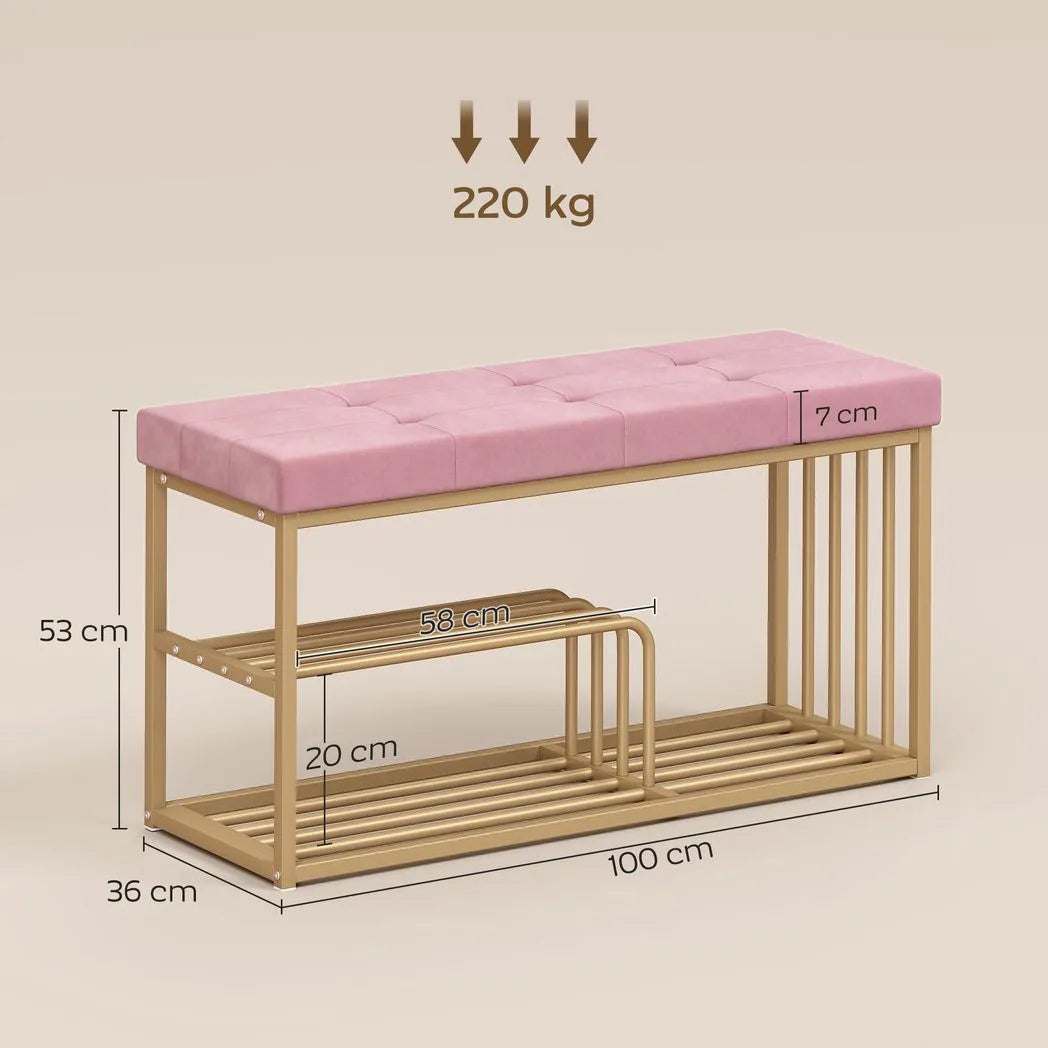 HOMCOM Bench and Shoe Storage, Tufted Shoe Storage Bench with Velvet Seat Cushion Gold Steel Frame for Entryway, Pink