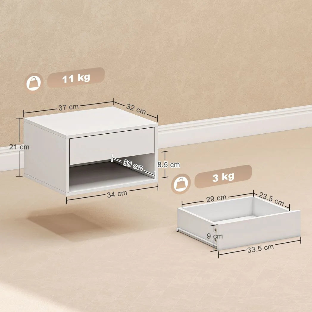 HOMCOM Set of Two Floating Bedside Tables - White