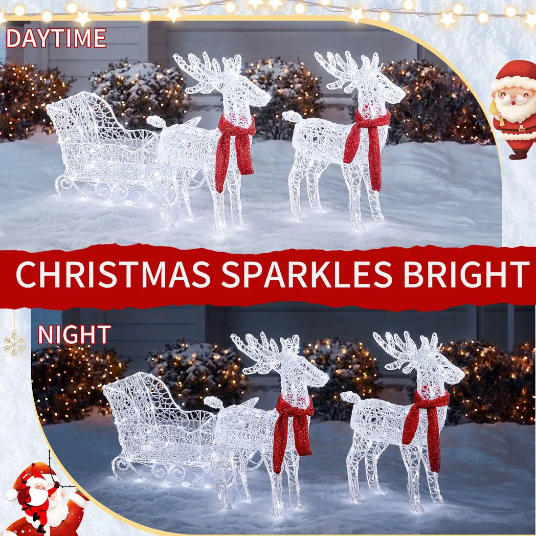 Two Reindeer Pulling Sleigh Lighted Christmas Decor 2.4ft, 240 White LED PVC Décor, UK Plug 31V 3.6W