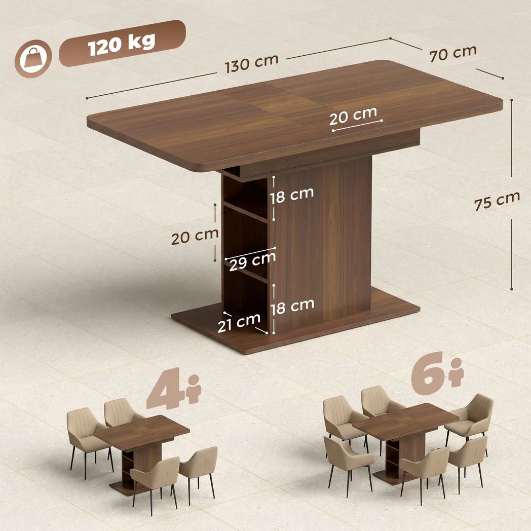 HOMCOM Extendable Dining Table for 4-6 People, 110-130cm Kitchen Table with 6 Open Shelves, Walnut Brown