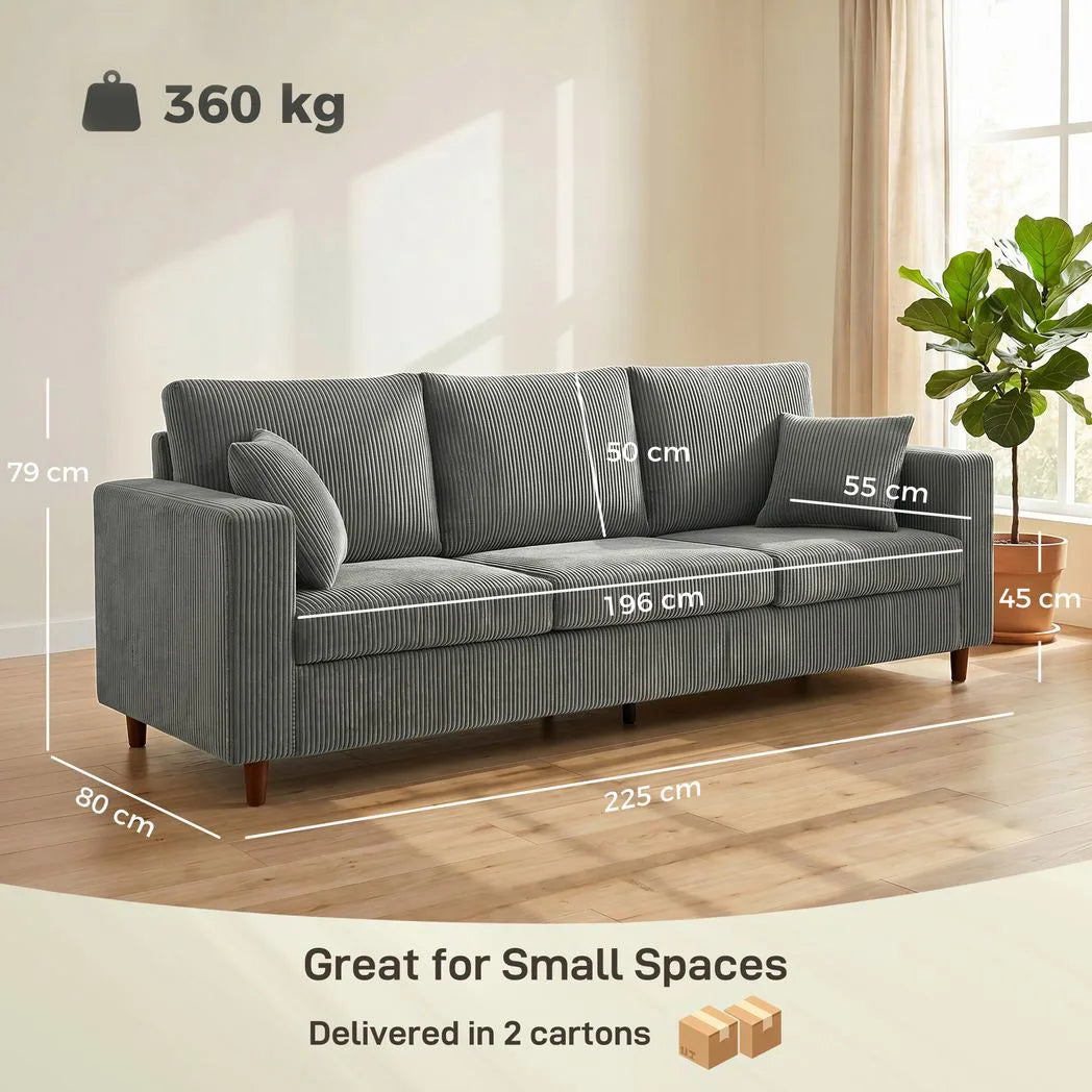 HOMCOM 3 Seater Sofa with Wide Seat, Corduroy Fabric Couch with Deep Seat, Spring Cushion, Light Grey