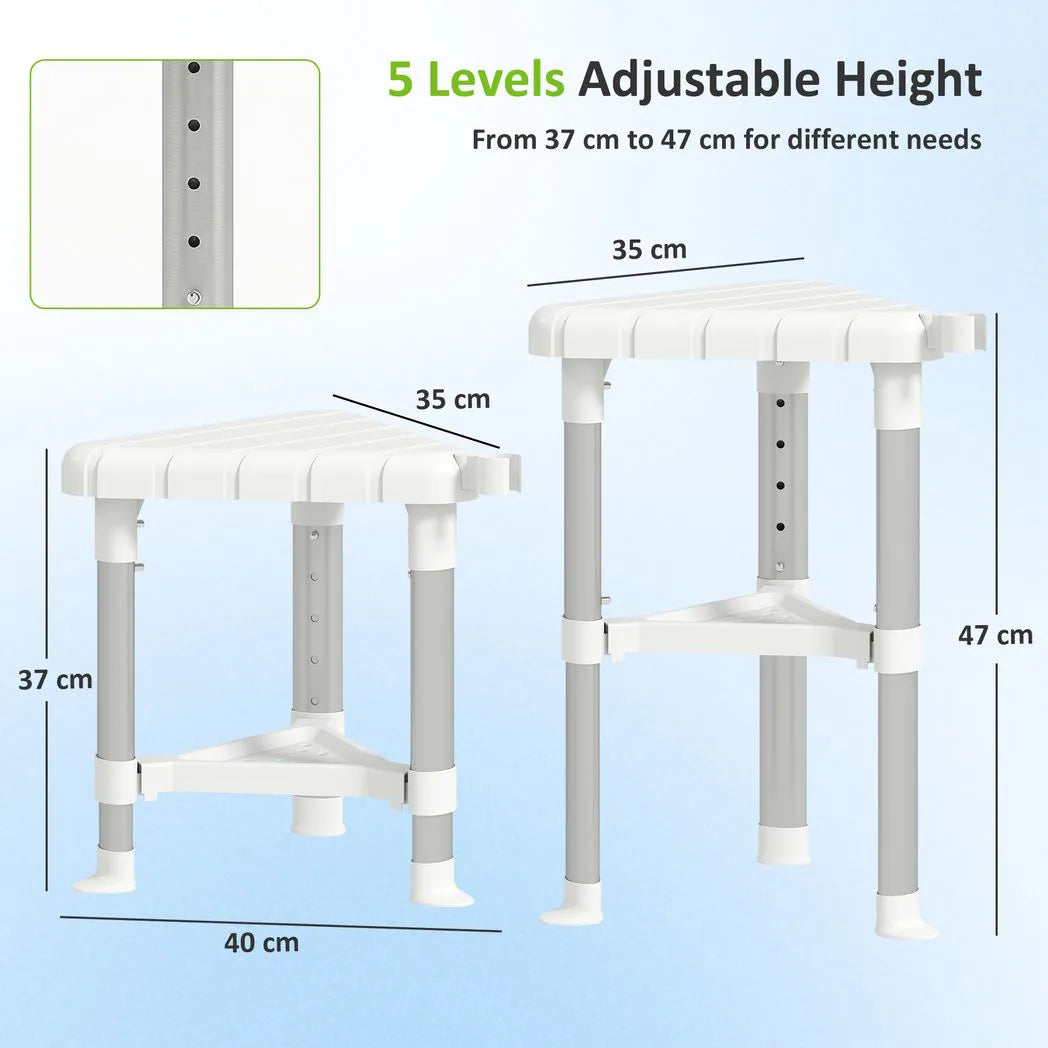 HOMCOM Shower Stool, Aluminium Alloy Corner Shower Chair with Storage Shelf and HDPE Seat, Adjustable Height, White