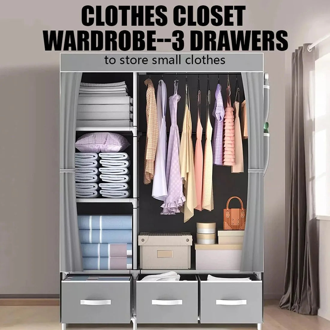 Large Fabric Canvas Wardrobe with Clothes Hanging Rail Shelving Storage Closet