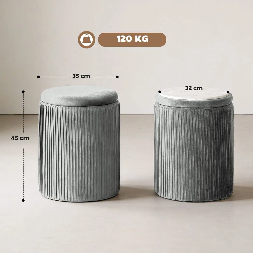 HOMCOM Storage Ottoman Modern Velvet Round Foot Stool for Living Room Bedroom 45 cm Grey