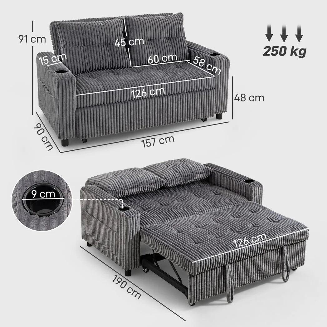 HOMCOM 2 Seater Click Clack Sofa Bed with Pull Out Design, Corduroy Upholstery - Charcoal Grey
