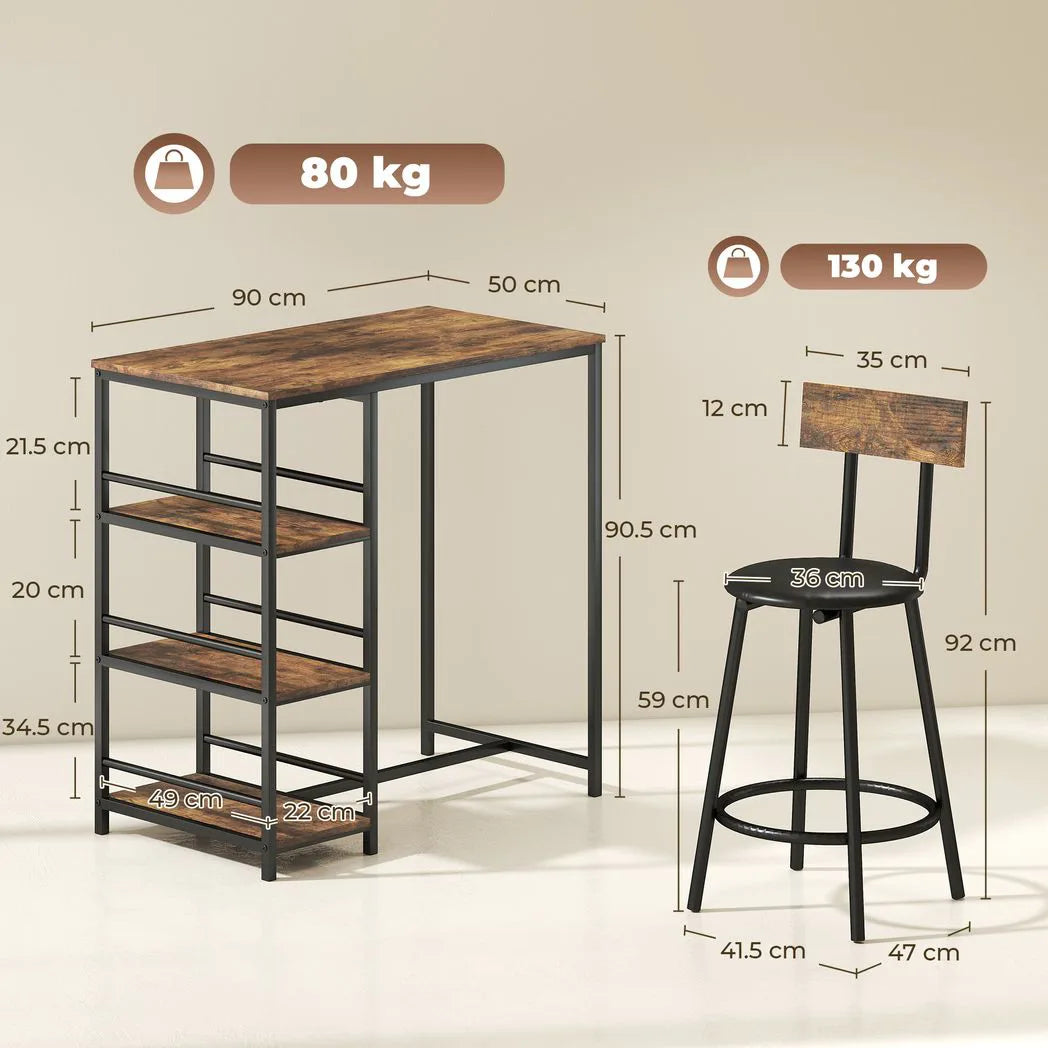 HOMCOM Space Saving Bar Table and PU Leather Stools for 2, 3 Piece Breakfast Bar Table Set with Storage Shelves, Rustic Brown
