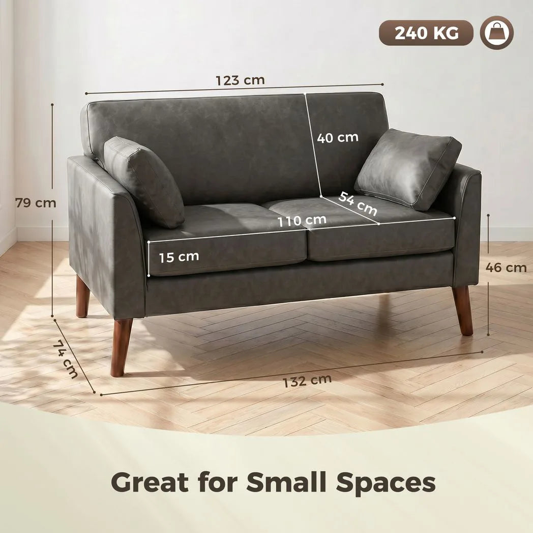 HOMCOM 2 Seater Sofa, 132 cm Modern Small Sofa with Solid Wood Legs and 2 Pillows for Small Space, Grey