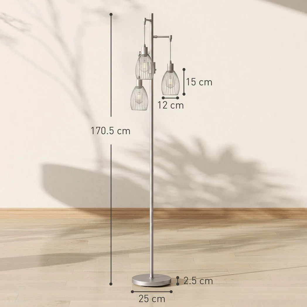 HOMCOM 170.5cm Industrial Dimmable Standing Lamp, 3-Light Floor Lamp with Steel Wire Cage Lampshades, Silver Tone