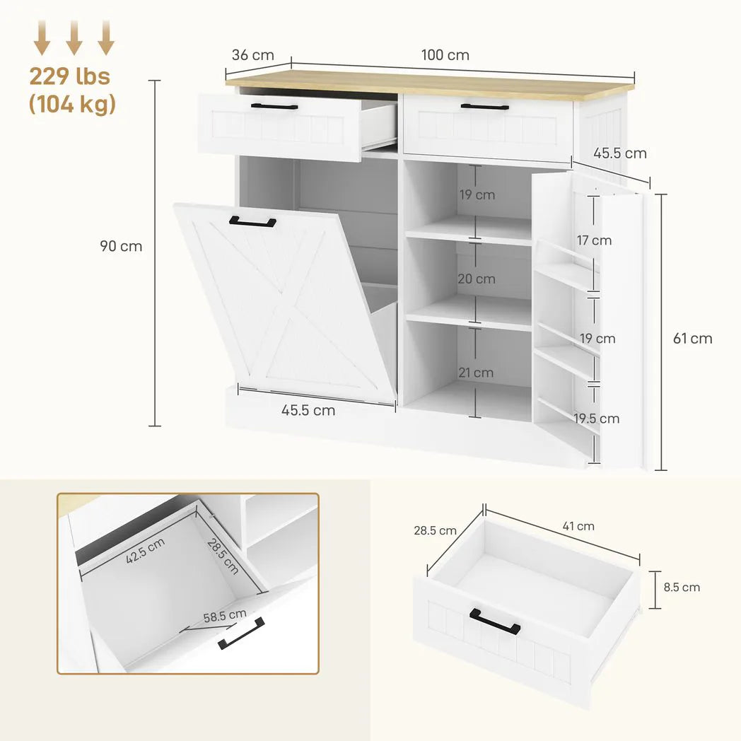 HOMCOM Sideboard with Tilt-out Trash Bin, Farmhouse Kitchen Sideboard with 2 Drawers, Adjustable Shelves, Door Racks, White