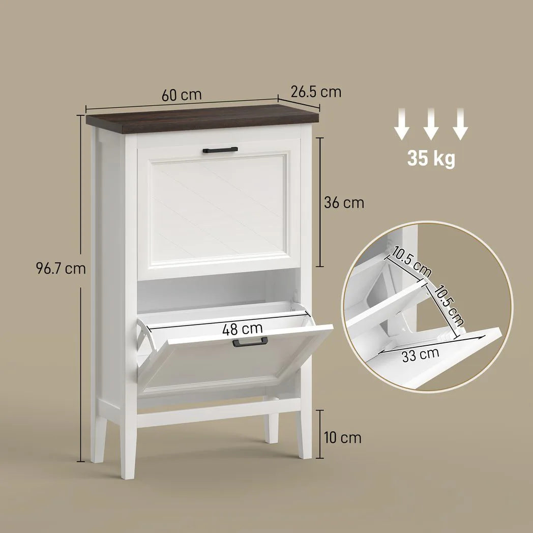 HOMCOM Shoe Cabinet with 2 Flip Drawers, Farmhouse Narrow Shoe Storage Cabinet with Adjustable Shelves, White