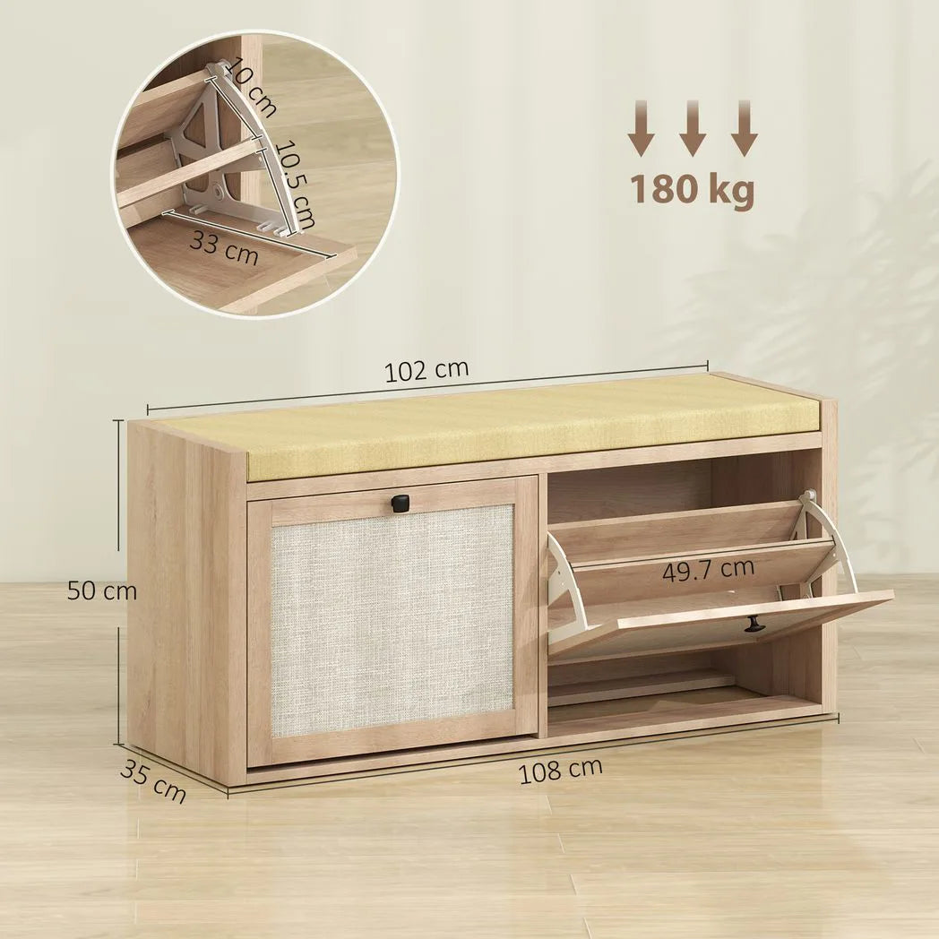 HOMCOM Rattan Shoe Bench with Padded Cushion and 2 Cabinets for Hidden Storage, Oak Wood Effect