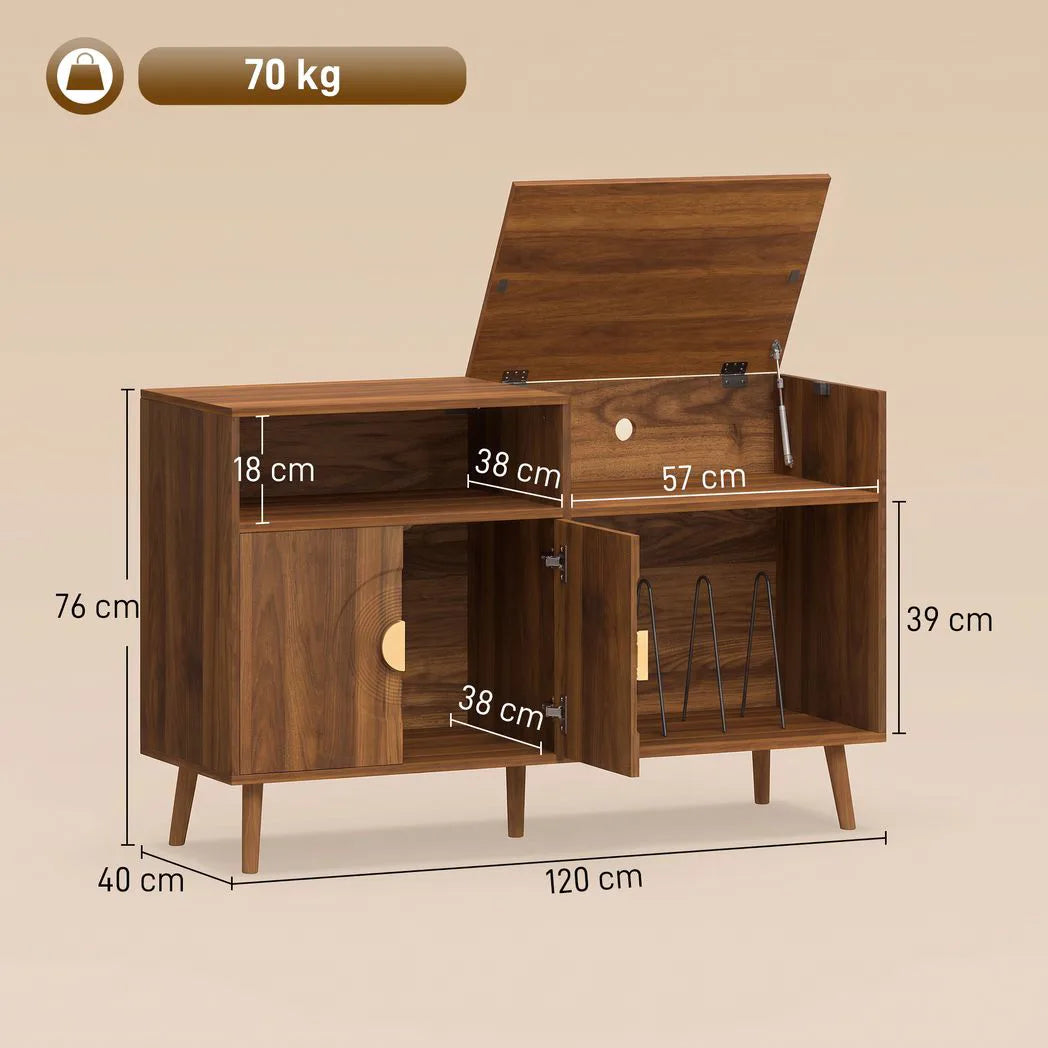 HOMCOM Record Player Stand, Vinyl Record Holder with Storage Holds Up to 300 Albums with Flip-Top Compartment, Walnut