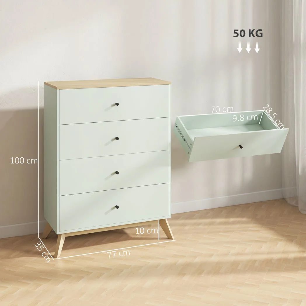 HOMCOM 4 Drawer Storage Cabinet, Chest of Drawers for Bedroom Living Room, Light Green and Oak
