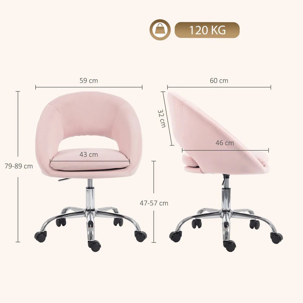 HOMCOM Velvet Desk Chair, Modern Office Chair with Height-Adjustable, Wheels, for Home Study Bedroom, Pink