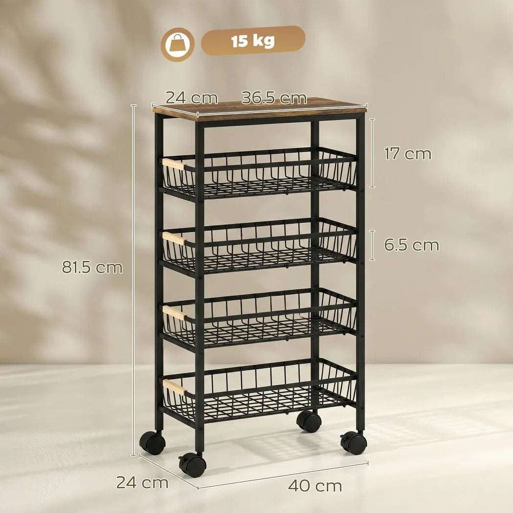 HOMCOM Metal Kitchen Trolley, 4-Tier Storage Trolley with Pull-Out Baskets and 4 Swivel Casters for Kitchen, Rustic Brown