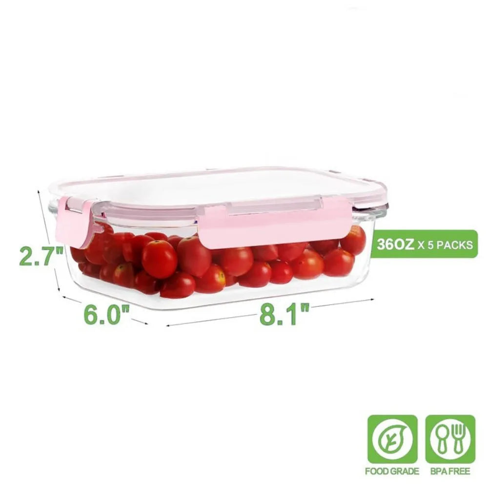 Glass Food Storage Containers with Lids - 5 Airtight Food Storage Containers-粉色