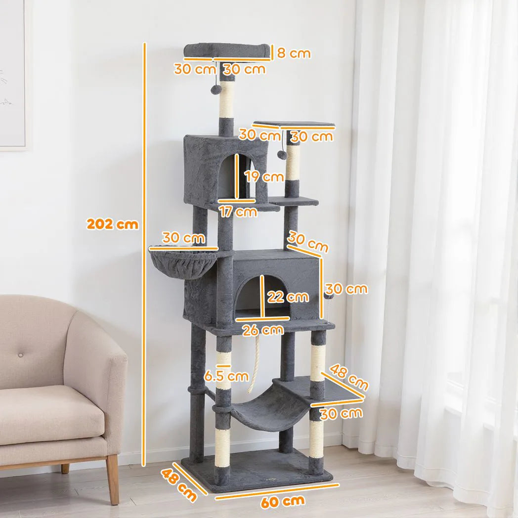 PawHut 202cm Large Cat Tree with 6 Scratching Posts, 2 Hammocks, 2 Condos, 2 Perches, Pompoms, for Indoor Cats to Rest and Play